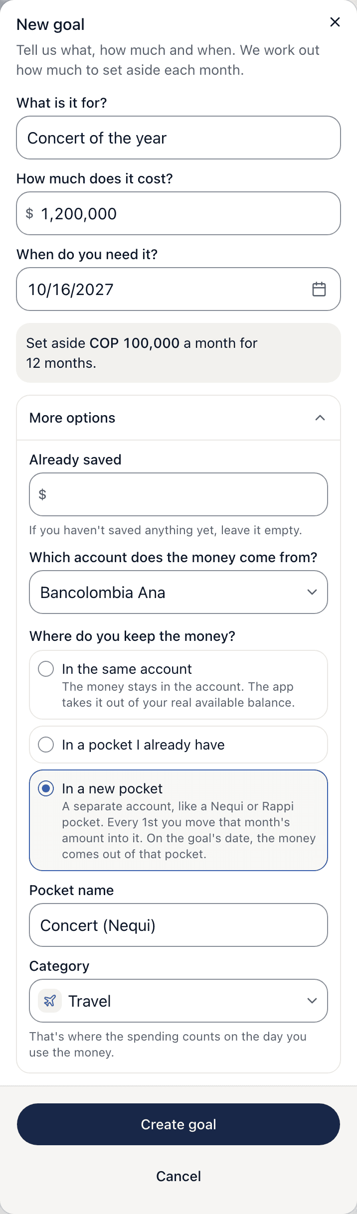 “New goal” dialog for the concert of the year: how much to set aside each month until October 2027 and the option to keep it in a new pocket, with sample data