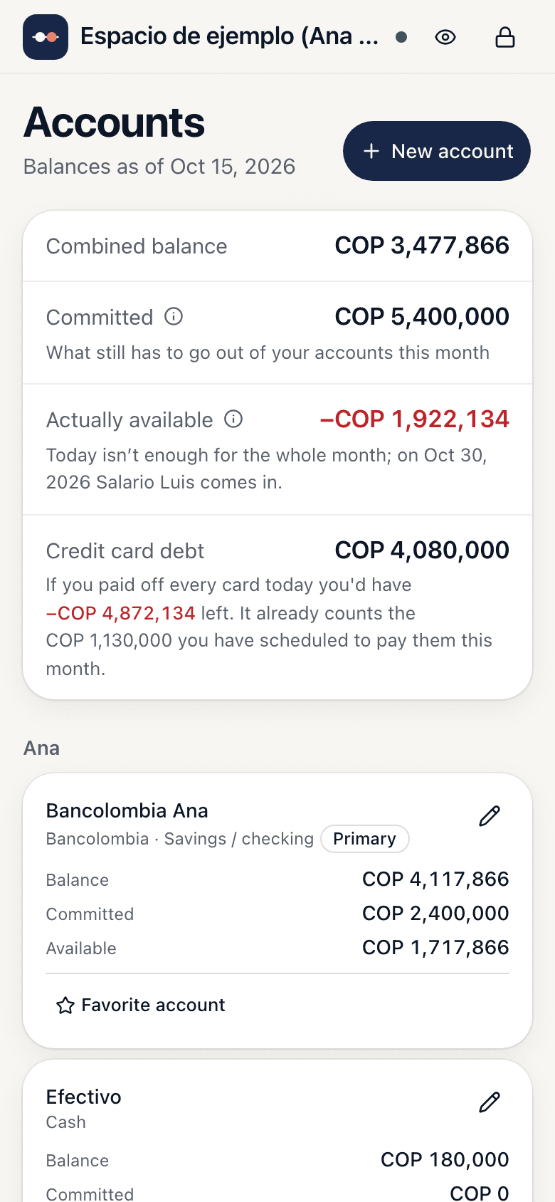 Accounts screen: each account with its balance, what's committed and what's available
