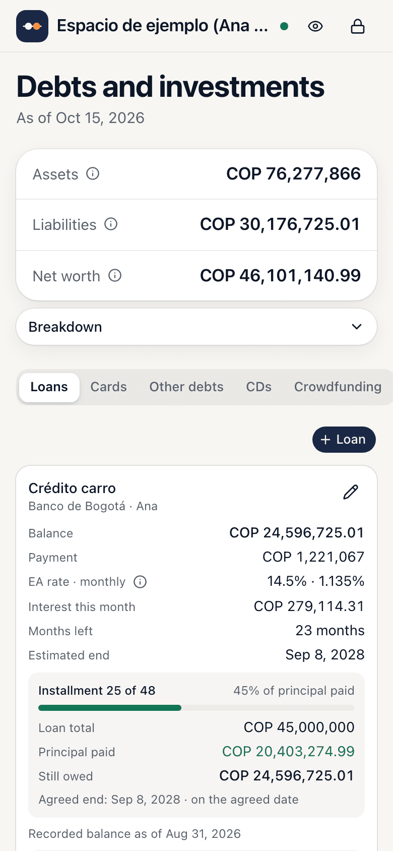 Debts screen: loans with an up-to-date balance and cards with what you owe and the available limit