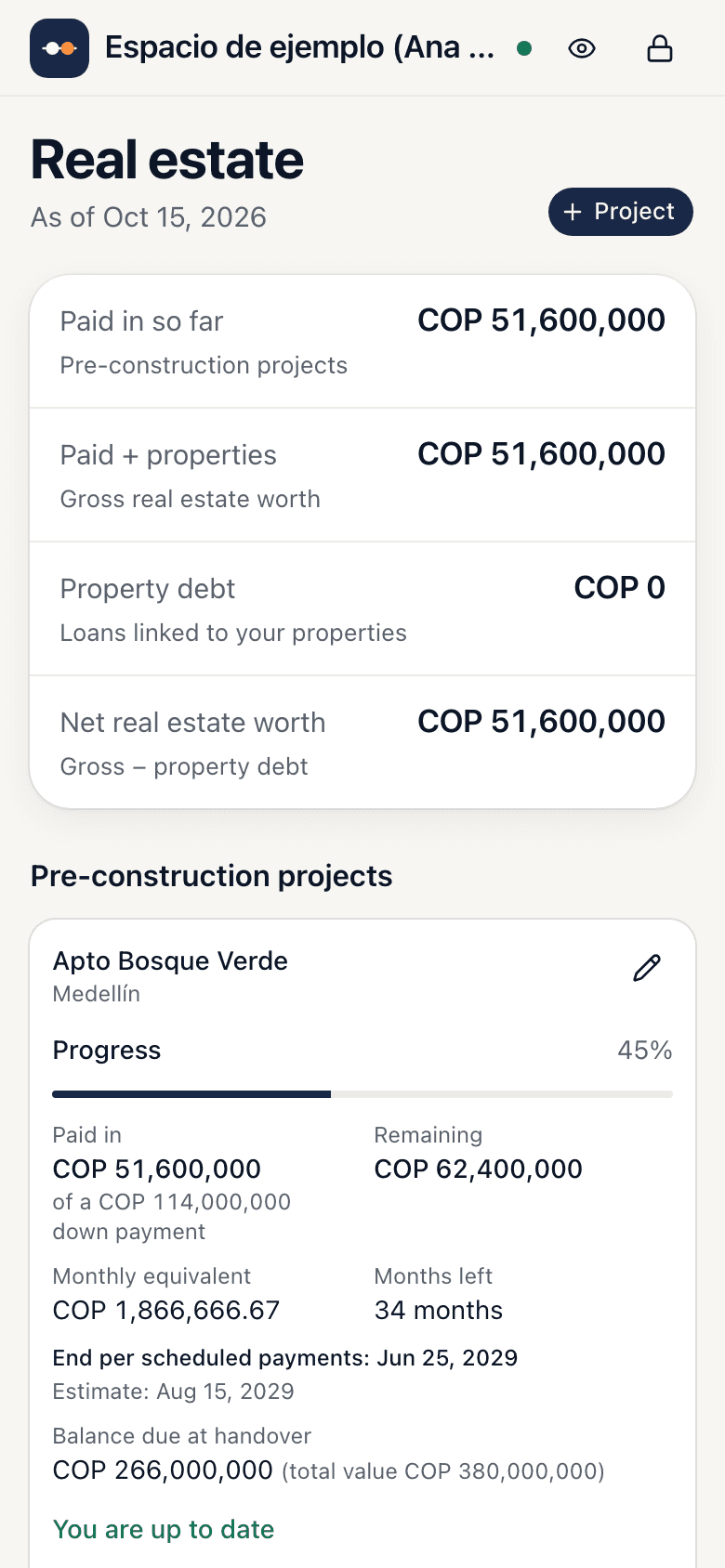 Real estate screen: progress of the down payment on a pre-construction apartment