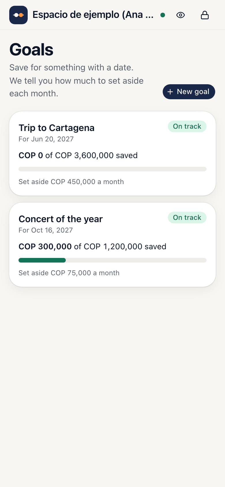 Goals screen: a concert and a trip, each with what you have, how much to set aside each month and whether you're on track, with sample data