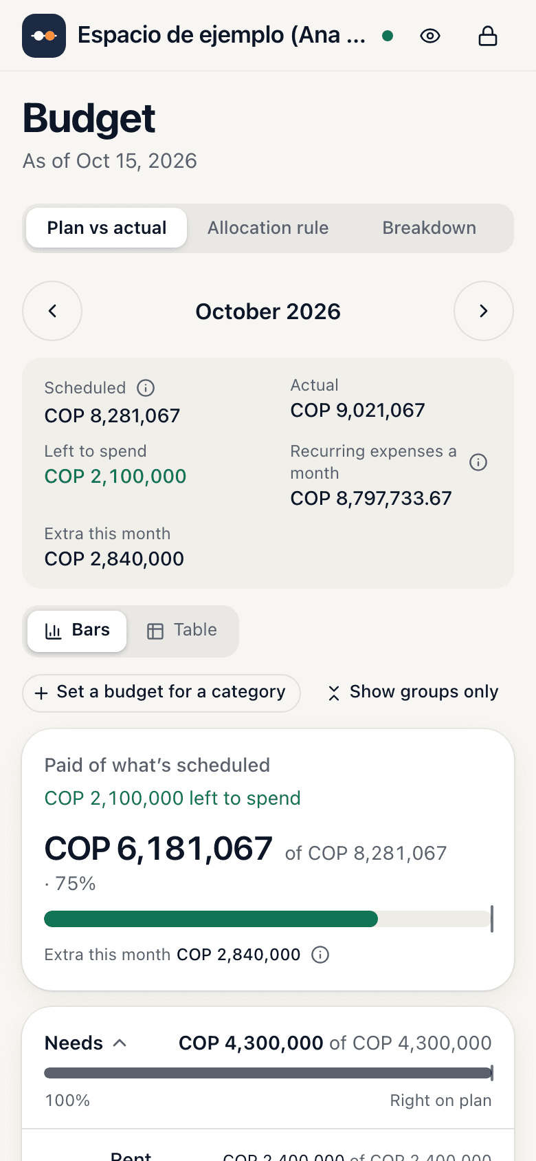 Budget screen: plan versus actual by category, with bars