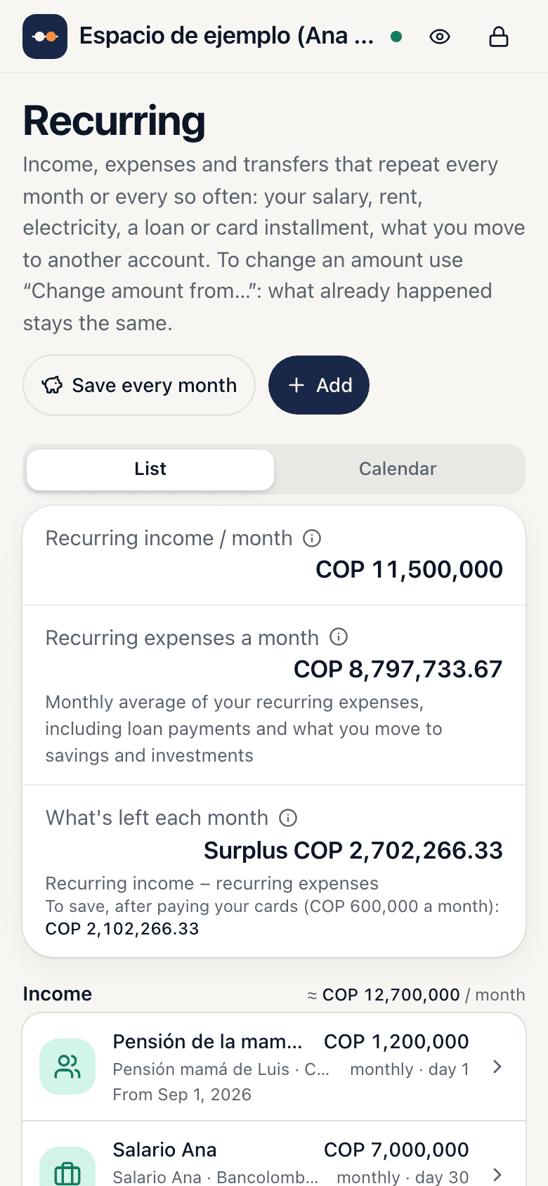 Recurring screen: the income, expenses and transfers that repeat every month, grouped