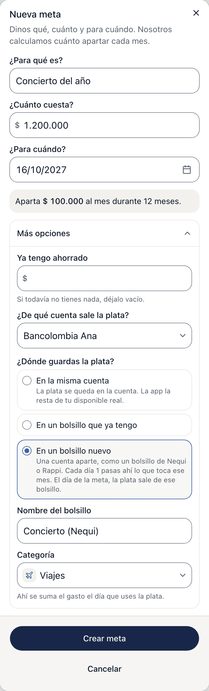 Diálogo «Nueva meta» del concierto del año: cuánto apartar al mes hasta octubre de 2027 y la opción de guardarlo en un bolsillo nuevo, con datos de ejemplo