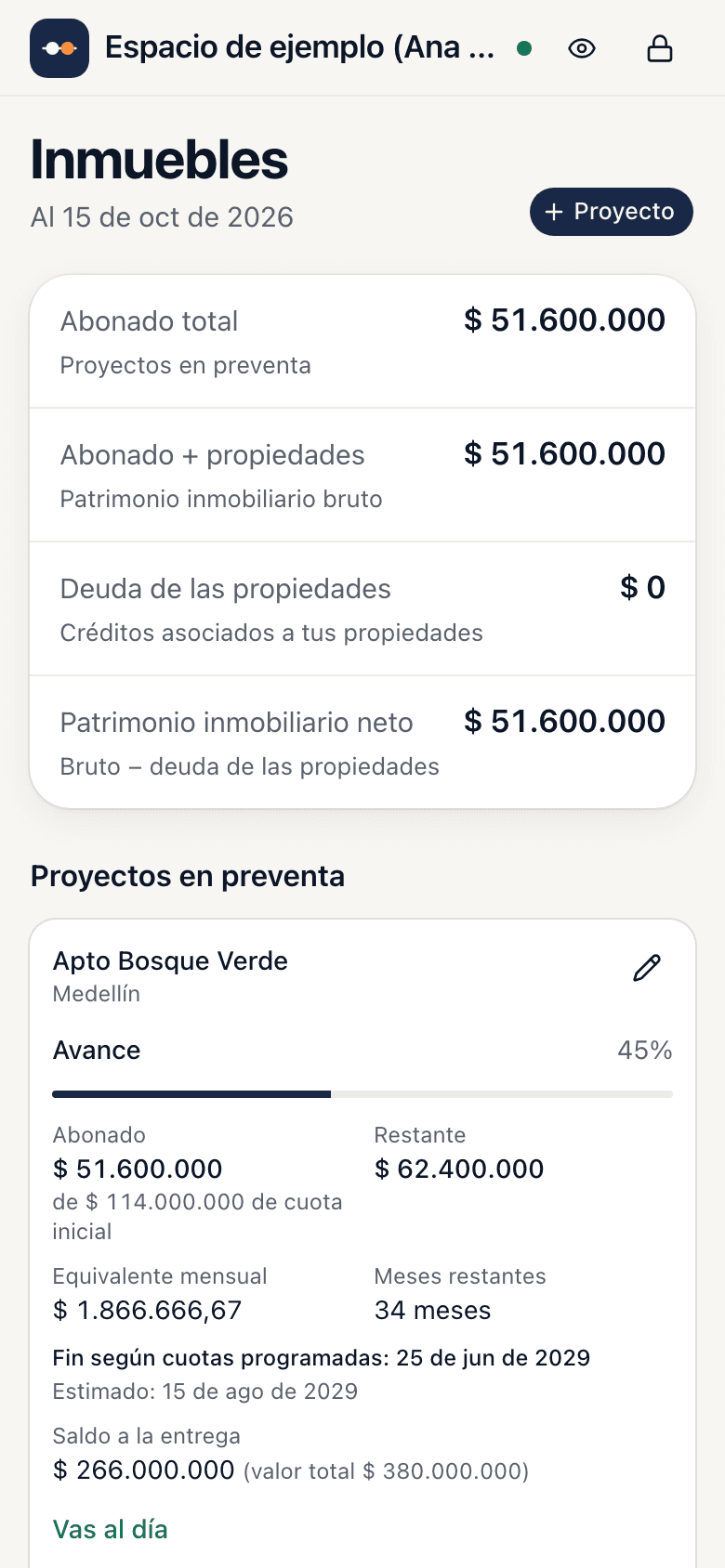 Pantalla de Inmuebles: avance de la cuota inicial de un apartamento en preventa