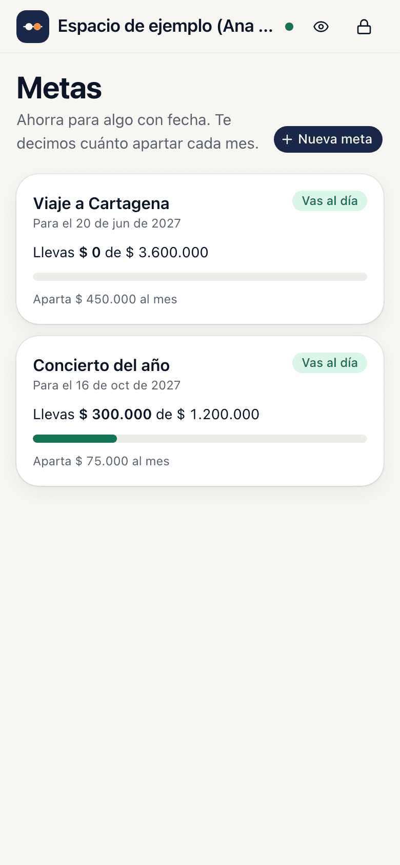 Pantalla de Metas: un concierto y un viaje, cada uno con lo que llevas, cuánto apartar al mes y si vas al día, con datos de ejemplo