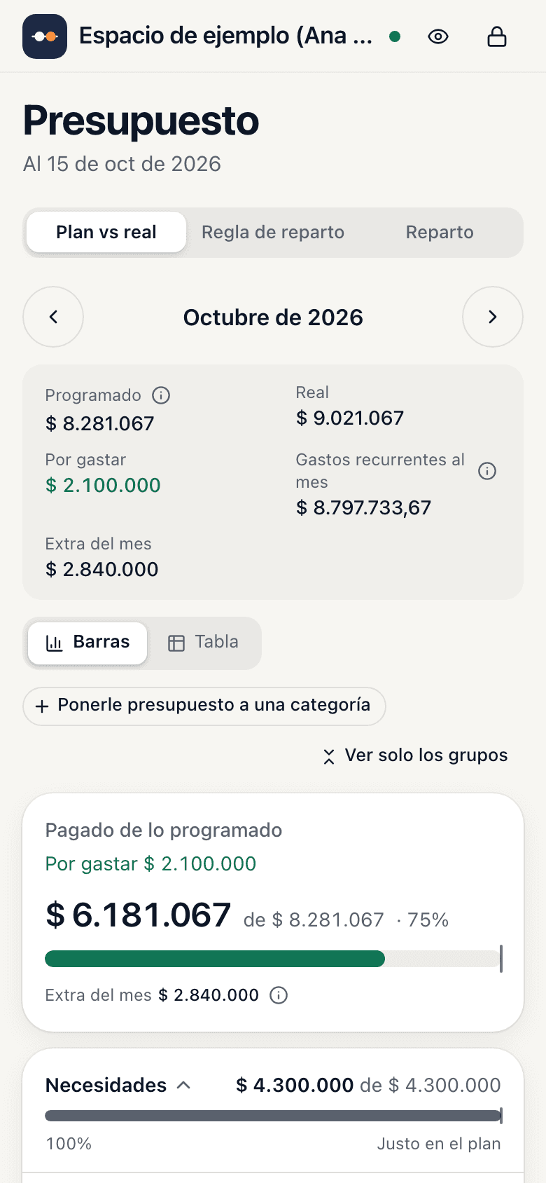 Pantalla de Presupuesto: plan contra real por categoría, con barras