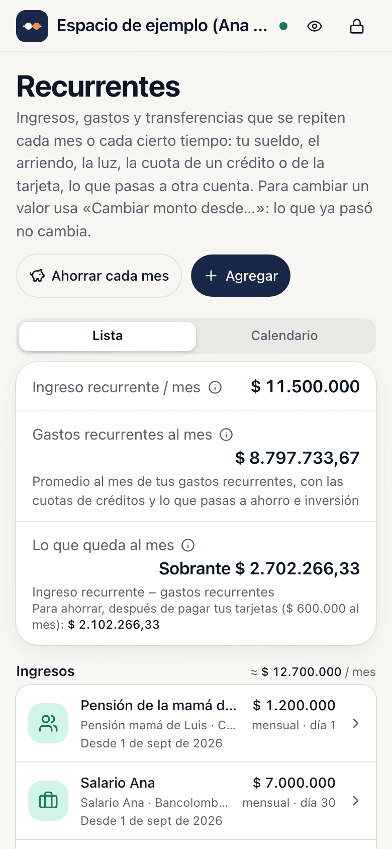 Pantalla de Recurrentes: los ingresos, gastos y transferencias que se repiten cada mes, agrupados